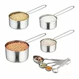 Relaxdays Messbecher und Messlöffel Set, 8-teilig, Edelstahl, US-Größen & ml-Angaben, Portionierlöffel mit Griff, Silber