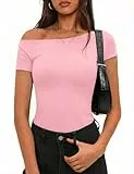 Totatuit Off Shoulder Oberteil Damen Kurzarm Slim Fit Top Schulterfrei Y2K Sommer Party Outfit Rosa L