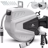 KESSER® automatische Schlauchtrommel 15 m + 2 m, Wand Schlauchbox mit Aufrollautomatik, Schlauchaufroller mit Gartenschlauch, 180° schwenkbar + Multi Handbrause mit 9 Modi, inkl. 2 Aufsätze, Grau
