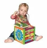 Woody Holz Multifunktionswürfel mit Lernuhr, Spiralboard, Motorikschleife, Zählrahmen, Xylophon