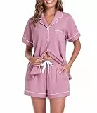 COLORFULLEAF Schlafanzug Damen Kurz 100% Baumwolle Pyjama Set mit Knöpfe Zweiteiliger Sommer Nachtwäsche Hausanzug(Düstere Rose,M)