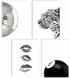 mojoliving Schwarz Weiß Poster Set Moderne Wandbilder Leopard Disco Kugel Lippen Eight Ball Wanddeko Wohnzimmer Schlafzimmer Büro Galerie