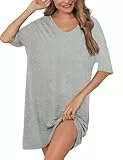Irdcomps Nachthemd für Damen Schlafshirt Kurzarm Sleepshirt Baumwolle Kurz Sexy Schlafkleid Schlafhemd Oversize Sommer Nachtwäsche Grau XL