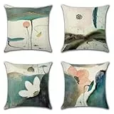 Ohok 4er Set Dekorativ Kissenbezug mit Motiv, Polyester Leinen Zierkissenbezüge 45x45 cm, Modern Dekokissen Sofakissen Kissenhülle Set für Wohnzimmer Schlafzimmer Couch Sofa (Tinte Blumen)