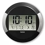 Hama Wanduhr Digital mit Funk (Funkuhr ohne tickgeräusche, Digitaluhr mit LCD-Display, Thermometer, Kalender, Mondphase, inkl. Batterie zum aufhängen oder hinstellen) schwarz- Silber
