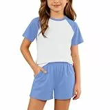 XINYUNZU Bekleidungssets für Mädchen T-Shirt und Shorts Set Sommer Outfit 2 Teiler Kleidung Girls Casual Sportanzug Tshirt Rundhals + Kurze Hose Klamotten Kinder Blau 13 Jahre