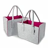 Tebewo 2er-Set Filztasche - praktische Einkaufstasche im Doppelpack - Shopping Bag - Einkaufskorb aus Filz - faltbare Tragetasche - Grau/Magenta