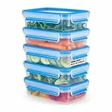 EMSA Clip & Close Frischhaltedosen-Set, rechteckig, 5 X 0,8 L, Aufbewahrungsboxen, 100 Prozent dicht, spülmaschinen-, gefrier-, mikrowellenfest, Transparent, Blau, Made in Germany, N10307