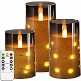 Kiexung LED Kerze, LED Kerze mit eingebauter Lichterkette, batteriebetriebene Kerze, Plexiglaskerze mit Fernbedienung Timer, festliche flammenlose Kerze, Wohnkultur, 3-teiliges Set (grau)
