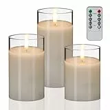 Relaxdays LED Kerzen im Glas, 3er Set, Fernbedienung, Timer & flackernde Flamme, Echtwachs, Windlichter flammenlos, weiß