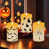 Bseical 3 Stück Halloween Kerze, Halloween Deko Innen Outdoor Garten Tischdeko Herbst, mit Spinnen, Gespenster, Fledermäuse-Muster, für Party 7.5x15 cm