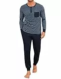 Leversic Zweiteiliger' Pyjamaset Schlafanzug Herren Lang Rundhals aus Baumwolle Modisches Farbblockstreifen-Design, Pyjama Herren Lang mit Tasche, 721-Blaue Streifen, L