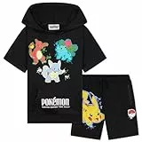 Pokemon Trainingsanzug Kinder 2er Set Sommer Jogginganzug Pikachu Hoodie Kapuzenpullover für Jungen und Shorts Bekleidungssets Sport Freizeit (7-8 Jahre, Schwarz)