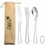AllEco® Edelstahl Camping-Besteck inkl. Karabiner für unterwegs und Stoffbeutel zum Aufbewahren Outdoor Camping Besteck Set to Go Besteckset nachhaltige Produkte Zero Waste Geschenkidee