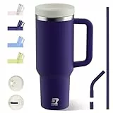 Riley Joy 1200ml Trinkflasche mit Strohhalm & Anti-Rutsch Griff, Auslaufsicherer Thermobecher BPA Frei Doppelwandige Isolierung für Auto, Büro, Outdoor Tiefviolett