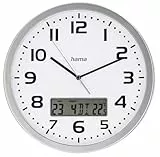 Hama Funkwanduhr Moorea (DCF Funkuhr, Digitale Anzeige von Datum u. Temperatur, Zeitzone einstellbar, Ø 30cm, großes Ziffernblatt, analoge Wanduhr, Sekundenzeiger, 7 Sprachen, inkl. Batterie) Silber