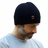 Fancet 100% Merinowollmütze Beanie-Mütze für Männer Frauen, wintermütze Herren, wollmütze Herren, strickmützen für Herren - Warme Wintermütze Merinomütze zum Laufen Golf mit Fleecefutter Marineblau