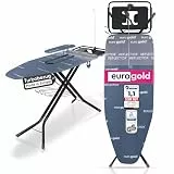 EUROGOLD Bügelbrett für Dampfbügelstation 130x48 cm – Bügelbrett XXL mit Steckdose, höhenverstellbarer Bügeltisch klappbar, mit Ärmelbrett & Bügeleisenablage, Reflektor-Bezug (Sydney Grey)