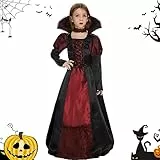 FORMIZON Vampir Kostüm Mädchen, Vampirin Kleid mit Nackenband, Schwarz Rot Vampir Halloweenkostüm für Kleine Größe 4-9 Jahre, Kinder Gothic Vampirkostüm Verkleidung Fasching Karneval Cosplay (L)
