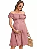 KOJOOIN Umstandskleid Damen Kurzarm Schwangerschafts Kleid Sommer Schwangerschaftskleid Off Schulter Rosa M