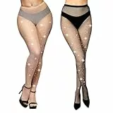 Aomig Damen Funkeln Strass Netzstrumpfhose 2er Glitzer Mesh Taille Glitzernde Strümpfe Transparent Glänzend Strumpfhosen Strassstrümpfe Party Performances Tänze Halloween Cosplay (Schwarz+Hautfarben)