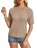GRACE KARIN Damen Frühling Sommer Leichter Rundhalsausschnitt Pullover Casual Einfarbig Kurzarm Tops Khaki XL