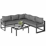 Outsunny 3-TLG. Gartengarnitur Gartenmöbel-Set mit Breitem Sitz, 4-stufig verstellbar Gartenliege Gartenset Sitzgruppe mit Beistelltisch Sofa mit Kissen Outdoor Aluminium Grau