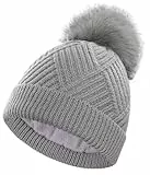 YESWEL Warme WinterMütze Damen, Beanie mit Thermal Layer Fleece Gefüttert, Bommelmütze mit Abnehmbarem Pom Pom für Outdoor Skifahren (Hellgrau)