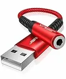 JSAUX USB A auf 3.5mm Klinke Aux Adapter, USB auf Aux Audio Headset Adapter TRRS Stereo Externe Soundkarte kompatibel mit PS4, Headset (CTIA/OMTP Standard), Mikrofon, Laptop, PC Rot