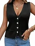Saodimallsu Damen Ärmellos Pullover Weste Stricken V Hals Knopf Mode Lässig Lose Strickjacke Schwarz, L
