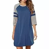 Misscoo 3/4 Ärmel Nachthemd Rundhalsausschnitt Kurzarm Damen Nachthemd Clashing Streifen Schlafhemd Damen Nachtwäsche (Marineblau, M)