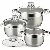 Daniks Standard 6-teiliges Edelstahl Topfset Induktion, Töpfe mit Glasdeckel, 16/18/20 cm, Suppentopf/Nudeltopf/Pastatopf, Silber