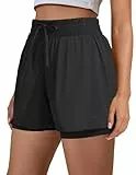 PINSPARK Damen Sporthose Kurz Sportshorts 2 in 1 Sport Shorts mit Taschen High Waist Laufhose Schnelltrocknende Trainingshose Running Hose Fitness Yoga Jogging Schwarz M
