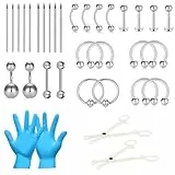 AceFun 34 Stück Piercing Kit für alle Piercing Edelstahl Self Piercing Kits Lippe Augenbraue Rook geschnitzt Barbell Septum Piercing Schmuck Bauchnabel Pierce Kits mit 14G 16G Piercing Nadeln