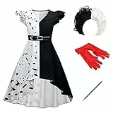 FYMNSI Mädchen Fasching Cruella Deville Kostüm Kinder Cruella de Vil Cosplay Schwarz Weiß Vokuhila Gepunktet Kleid Perücke Handschuhe Set 101 Dalmatiner Verkleidung für Halloween Karneval 5-6 Jahre