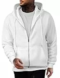 JMIERR Hoodie Herren Einfarbig Baumwolle mit Reißverschluss Pullover Langarm Sweatjacke Kapuzenpullover Sweatshirt,Weiß L
