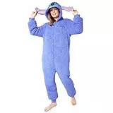 Disney Stitch Onesie Damen & Teenager, Lilo und Stitch Fleece Einteiler Damen mit Kapuze & Ohren Geschenke Erwachsene (Blau Stitch, L)