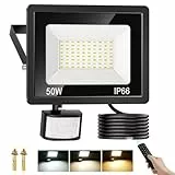 COTLEDL 50W LED Strahler mit Bewegungsmelder Außen, 4500LM Dimmbar Außenstrahler Aussen mit Fernbedienung, IP66 Wasserdicht Scheinwerfer Warmweiß Neutralwei Kaltweiß LED Fluter für Garten Hof Garage