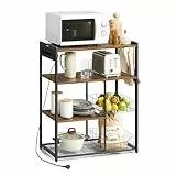 VASAGLE Küchenregal mit Steckdosen, Standregal mit 2 Metallkörben, Bäckerregal mit Haken, Regalablagen, 35 x 80 x 93,5 cm, Industrie-Design, vintagebraun-tintenschwarz KKS196K01