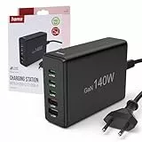 Hama 5-Fach USB GaN Ladestation Schnellladegerät 140W (Mehrfach USB-Ladestation USB-C PD/A, Multiport Charger mit Kabel für Handy, iPhone, Samsung, Tablet, iPad etc. GaN-Netzteil Laptop) schwarz