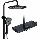 Rainsworth Duschsystem mit Thermostat und Glasablage - Ein-Tast-Bedienung & Durchflussregelung Duscharmatur Komplettset, Regendusche 26 x 26 cm, Handbrause 3 Strahlarten - Duschset mit Armatur Schwarz