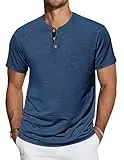 TARAINYA Henley T-Shirts Herren Baumwolle Shirt Kurzarm Einfarbig Basic Tee Männer Sommer mit Tasche Blue L