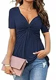 Tankaneo Damen V Ausschnitt Elegant Blusenshirt Front Knotted T-Shirt Kurzarm Dame Tunika Blusen Tops Oberteile