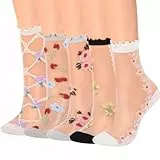 Telooco 5 Paar Ultradünne Nylonstrümpfe Damen Nylon Socken Transparent Söckchen mit Rüschen Blumen Rüschen Socken Damen Knöchelsocken Vintage Feinsöckchen Lässig Spitzensocken für Frauen