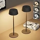 Klighten 2 Stück LED Dimmbare Akku Tischlampe Kabellos Touch Metall Aluminium Akkubetrieben Schwarz Tischlampe IP54 Wasserdichte Outdoor Tragbare Tischleuchte für innen/außen,3000K~6000K