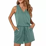 Leezepro Sommer Jumpsuit Damen Elegant V-Ausschnitt Playsuit Casual Overalls Kurz Romper einfarbiges Hosenanzug(soy Green,S)