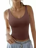 REORIA Damen Tanktop doppellagiger V-Ausschnitt lässig Basic trendy für Workout oder Ausgehen Kaffee S