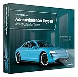 FRANZIS 67203 - Porsche Taycan Adventskalender frozen blue, Metall Modellbausatz im Maßstab 1:24, inkl. LED-Showroom-Beleuchtung und 52-seitigem Begleitbuch