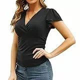 Damen Cross-Front Tiefer V-Ausschnitt Low Cut T-Shirt Geraffte Cross Wrap Kurze Rüschenärmel Taucher Sexy Bluse Solid Slim Fit Surplice Wrap Tunika