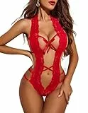 Avidlove Sexy Damen Body Tiefer V-Ausschnitt Neckholder Dessous Teddy Einteiliger Bodysuit Spitze Babydoll Lingerie Rot XL
